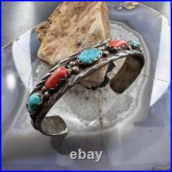 Vintage Marvelyne L. Cheama Native American Silver Turquoise & Coral Bracelet