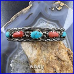 Vintage Marvelyne L. Cheama Native American Silver Turquoise & Coral Bracelet