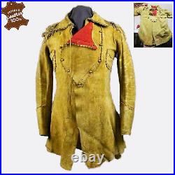 Vintage Men Cowboy Native American Western Buckskin Fringes Leather Jacket Coat