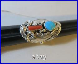 Vintage Mike Thomas Jr Navajo Turquoise, Coral & Sterling Ring Size 11 1/4