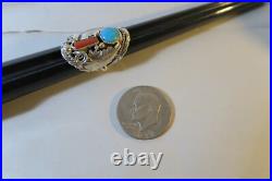 Vintage Mike Thomas Jr Navajo Turquoise, Coral & Sterling Ring Size 11 1/4