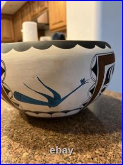 Vintage Miolvera Southwest Native American Pottery Bowl Blue Bird Motif