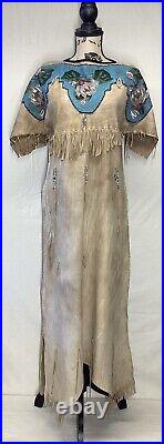 Vintage NATIVE AMERICAN Floral Deerskin Buckskin Dress Heavily Beaded Fringe