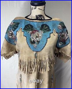 Vintage NATIVE AMERICAN Floral Deerskin Buckskin Dress Heavily Beaded Fringe