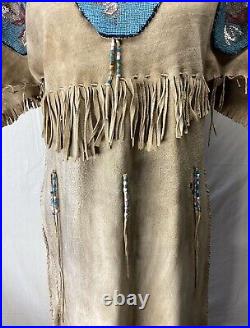 Vintage NATIVE AMERICAN Floral Deerskin Buckskin Dress Heavily Beaded Fringe