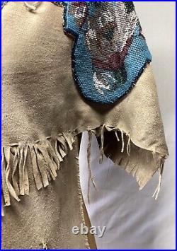 Vintage NATIVE AMERICAN Floral Deerskin Buckskin Dress Heavily Beaded Fringe