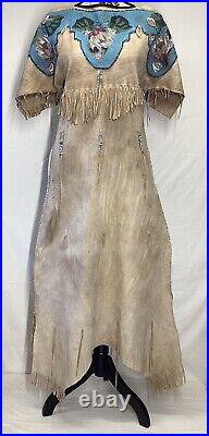 Vintage NATIVE AMERICAN Floral Deerskin Buckskin Dress Heavily Beaded Fringe