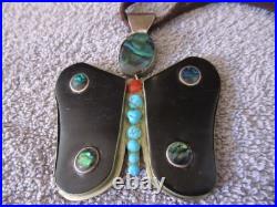 Vintage NATIVE AMERICAN Large Butterfly Onyx Abalone Turquoise Necklace STAMP RL