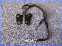 Vintage NATIVE AMERICAN Large Butterfly Onyx Abalone Turquoise Necklace STAMP RL