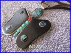 Vintage NATIVE AMERICAN Large Butterfly Onyx Abalone Turquoise Necklace STAMP RL