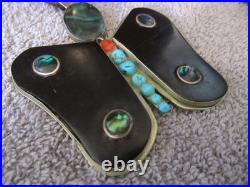 Vintage NATIVE AMERICAN Large Butterfly Onyx Abalone Turquoise Necklace STAMP RL
