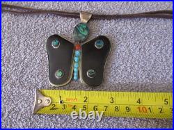 Vintage NATIVE AMERICAN Large Butterfly Onyx Abalone Turquoise Necklace STAMP RL