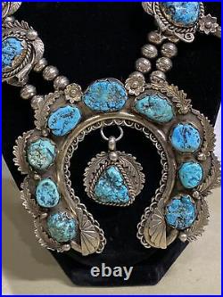 Vintage NATURAL ROYSTON TURQUOISE SQUASH BLOSSOM NECKLACE, Old Pawn c1960s, HUGE