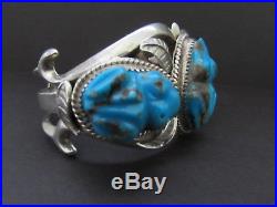 Vintage NAVAJO Cast Sterling Silver Three Frogs Turquoise Cuff Bracelet-91 Grams