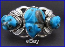 Vintage NAVAJO Cast Sterling Silver Three Frogs Turquoise Cuff Bracelet-91 Grams
