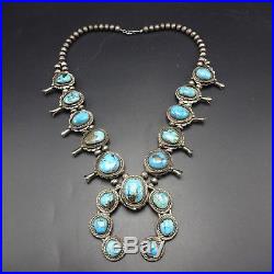 Vintage NAVAJO Sterling Silver & BISBEE Turquoise SQUASH BLOSSOM Necklace