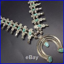 Vintage NAVAJO Sterling Silver Box Bow & Turquoise SQUASH BLOSSOM Necklace