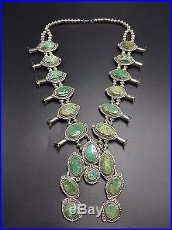 Vintage NAVAJO Sterling Silver & Green Manassa Turquoise SQUASH BLOSSOM Necklace