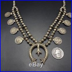 Vintage NAVAJO Sterling Silver MERCURY DIMES Coin SQUASH BLOSSOM Necklace