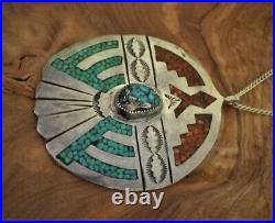 Vintage NAVAJO Sterling Silver PENDANT NECKLACE Turquoise Coral INLAY Signed