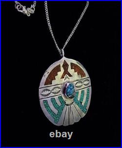 Vintage NAVAJO Sterling Silver PENDANT NECKLACE Turquoise Coral INLAY Signed