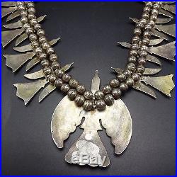 Vintage NAVAJO Sterling Silver PEYOTE BIRD Chip Inlay SQUASH BLOSSOM Necklace
