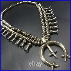 Vintage NAVAJO Sterling Silver Saucer Beads & Cast Naja SQUASH BLOSSOM Necklace