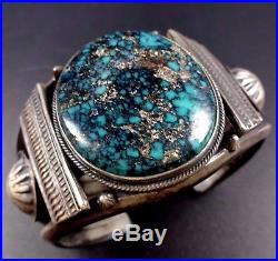 Vintage NAVAJO Sterling Silver Spiderweb Indian Mt. TURQUOISE Cuff BRACELET 107g