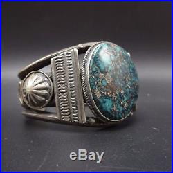 Vintage NAVAJO Sterling Silver Spiderweb Indian Mt. TURQUOISE Cuff BRACELET 107g