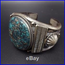 Vintage NAVAJO Sterling Silver Spiderweb Indian Mt. TURQUOISE Cuff BRACELET 107g