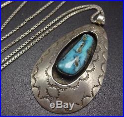Vintage NAVAJO Sterling Silver Turquoise PENDANT Hand Stamped Shadow Box + Chain