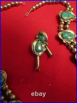 Vintage NAVAJO TURQUOISE SQUASH BLOSSOM NECKLACE & EARRINGS SET SIGNED