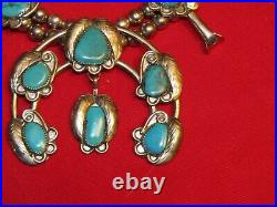 Vintage NAVAJO TURQUOISE SQUASH BLOSSOM NECKLACE & EARRINGS SET SIGNED