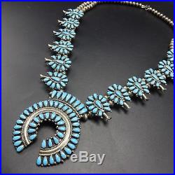 Vintage NAVAJO Turquoise PETIT POINT Cluster Sterling SQUASH BLOSSOM Necklace