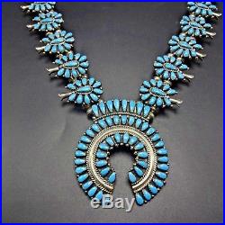 Vintage NAVAJO Turquoise PETIT POINT Cluster Sterling SQUASH BLOSSOM Necklace