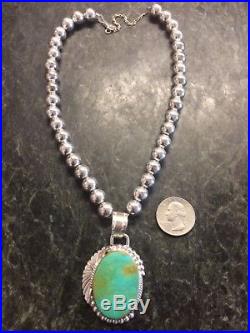 Vintage Native Am Large Turquoise Pendant Necklace Sterling Silver Beads 925