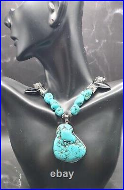 Vintage Native America Natural Turquoise & Onyx Nugget Necklace 127gr