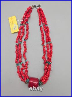 Vintage Native American 3 Strand Necklace Coral Beads, Turquoise & 925