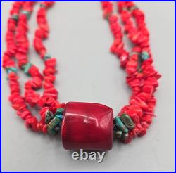 Vintage Native American 3 Strand Necklace Coral Beads, Turquoise & 925