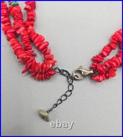 Vintage Native American 3 Strand Necklace Coral Beads, Turquoise & 925