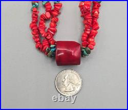 Vintage Native American 3 Strand Necklace Coral Beads, Turquoise & 925