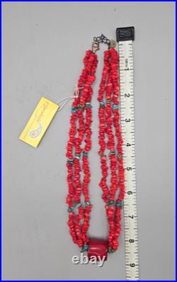 Vintage Native American 3 Strand Necklace Coral Beads, Turquoise & 925