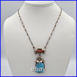 Vintage Native American 925 Sterling Silver Turquoise & Coral Lavalier Necklace
