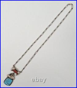 Vintage Native American 925 Sterling Silver Turquoise & Coral Lavalier Necklace
