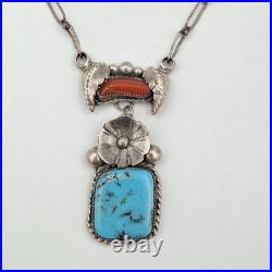 Vintage Native American 925 Sterling Silver Turquoise & Coral Lavalier Necklace