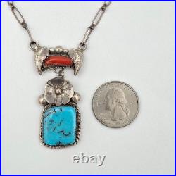 Vintage Native American 925 Sterling Silver Turquoise & Coral Lavalier Necklace