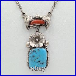 Vintage Native American 925 Sterling Silver Turquoise & Coral Lavalier Necklace
