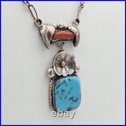 Vintage Native American 925 Sterling Silver Turquoise & Coral Lavalier Necklace