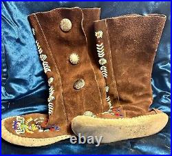 Vintage Native American Beaded Moccasin Boots Silver Buttons