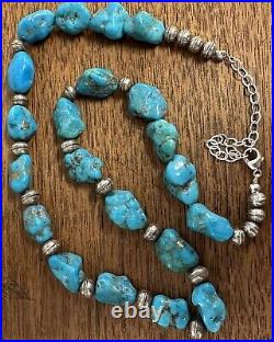 Vintage Native American Bright Blue Turquoise Bead Sterling Silver Necklace